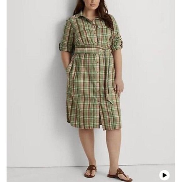 LRL Ralph Lauren Green and Pink Plaid Flannel Belted Shirt Dress 22W NWT - Picture 1 of 9